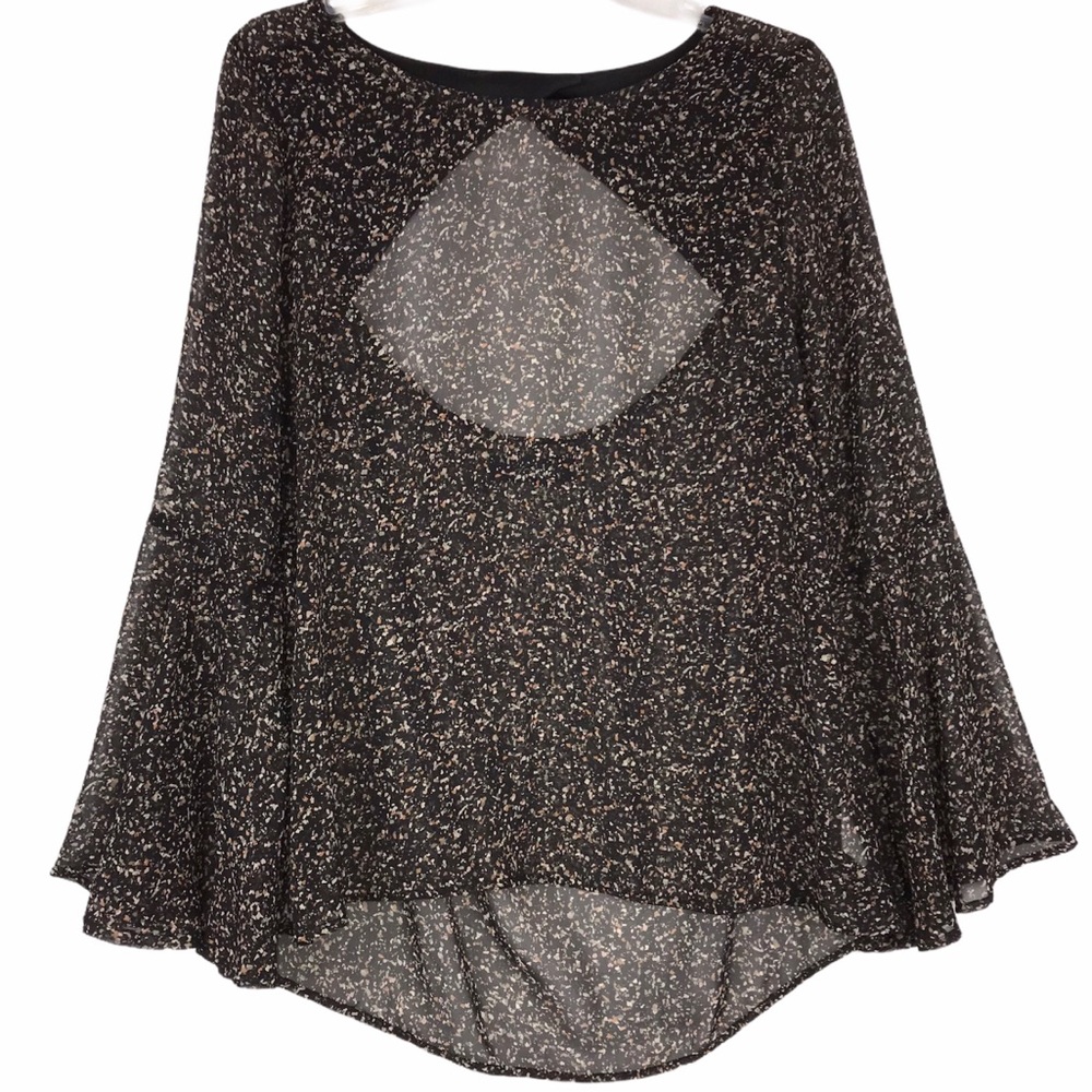 Zouk: black sheer open back long sleeve blouse L